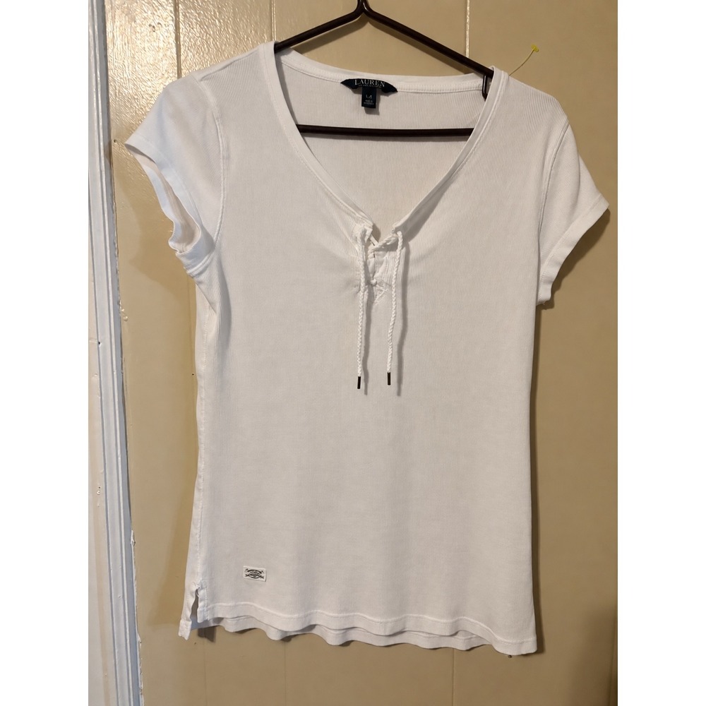Lauren Ralph Lauren White Ribbed Lace Up V-Neck Short Sleeve Top Large